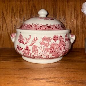 Red and White Lidded Ceramic Bowl